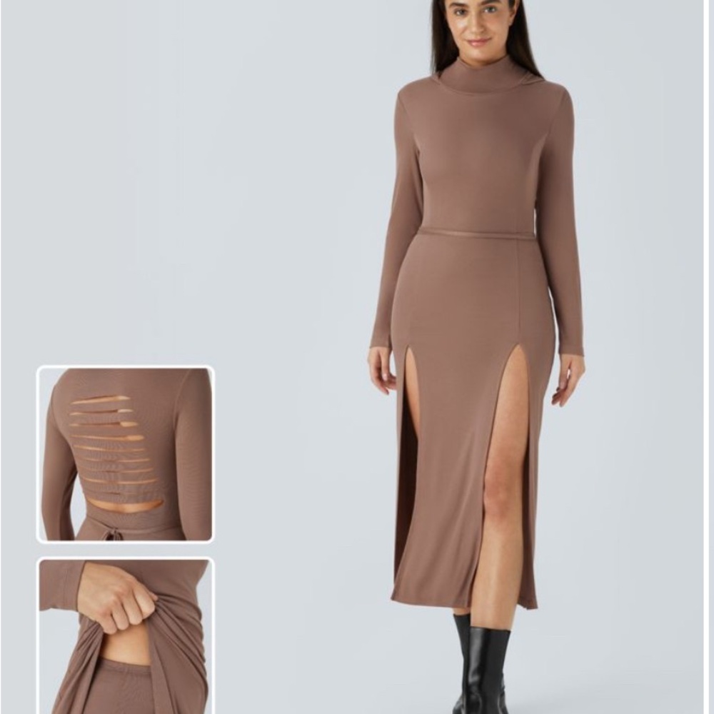 Halara Ribbed Hooded High Neck Long Sleeve Cut Out Tie Back 2-Piece Midi  Dress
